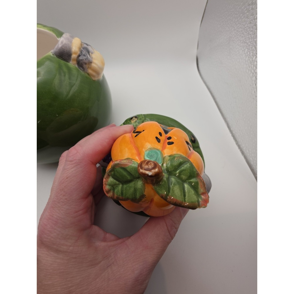 Pumpkin Head Rhyming Green Treat Jar Candy Halloween 6" Canister Ceramic Vigor - Picture 8 of 8